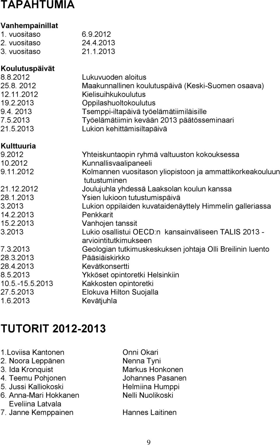 2012 Yhteiskuntaopin ryhmä valtuuston kokouksessa 10.2012 Kunnallisvaalipaneeli 9.11.2012 Kolmannen vuositason yliopistoon ja ammattikorkeakouluun tutustuminen 21.12.2012 Joulujuhla yhdessä Laaksolan koulun kanssa 28.