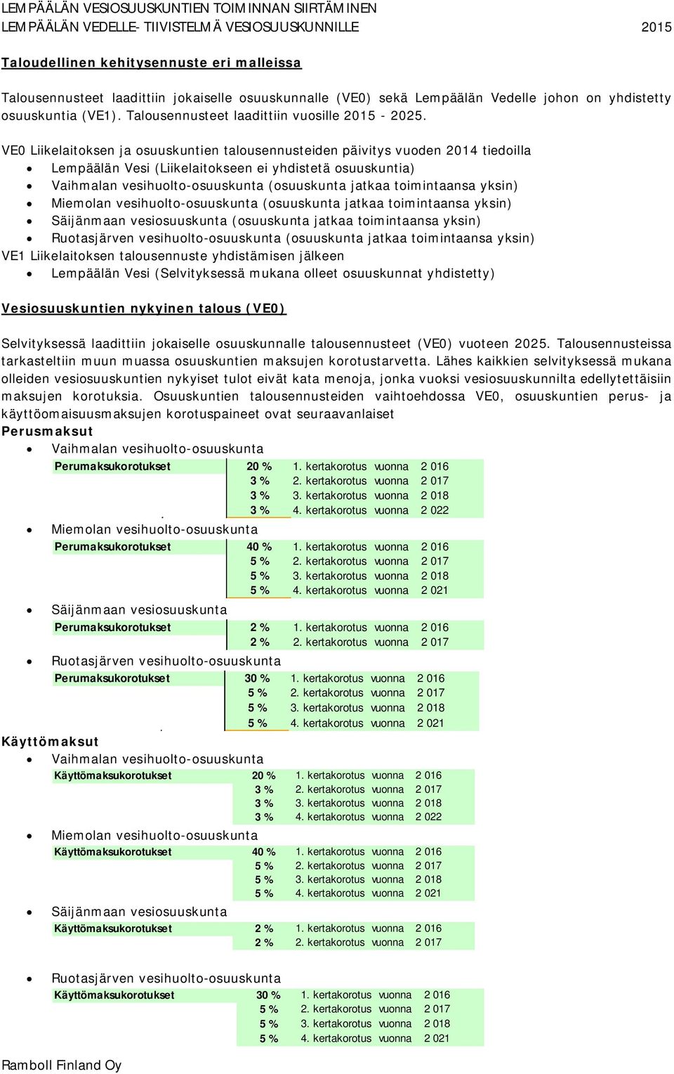 VE0 Liikelaitoksen ja osuuskuntien talousennusteiden päivitys vuoden 2014 tiedoilla Lempäälän Vesi (Liikelaitokseen ei yhdistetä osuuskuntia) Vaihmalan vesihuolto-osuuskunta (osuuskunta jatkaa