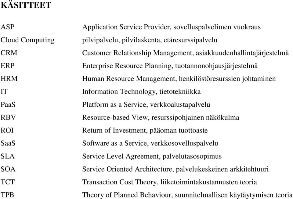 tietotekniikka Platform as a Service, verkkoalustapalvelu Resource-based View, resurssipohjainen näkökulma Return of Investment, pääoman tuottoaste Software as a Service, verkkosovelluspalvelu