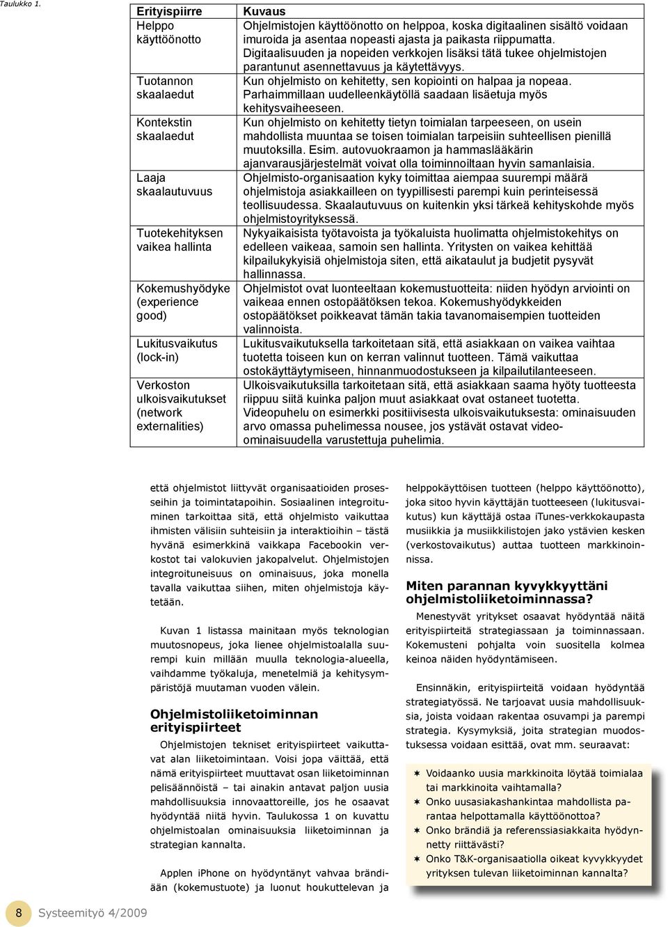 ulkoisvaikutukset (network externalities) Kuvaus Ohjelmistojen käyttöönotto on helppoa, koska digitaalinen sisältö voidaan imuroida ja asentaa nopeasti ajasta ja paikasta riippumatta.