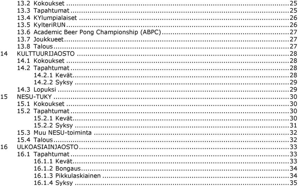 3 Lopuksi... 29 15 NESU-TUKY... 30 15.1 Kokoukset... 30 15.2 Tapahtumat... 30 15.2.1 Kevät... 30 15.2.2 Syksy... 31 15.3 Muu NESU-toiminta... 32 15.