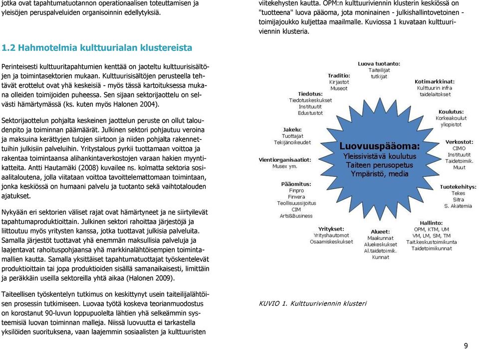 1.2 Hahmotelmia kulttuurialan klustereista Perinteisesti kulttuuritapahtumien kenttää on jaoteltu kulttuurisisältöjen ja toimintasektorien mukaan.