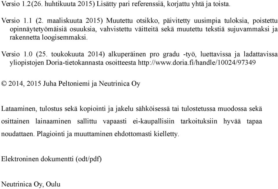 Versio 1.0 (25. toukokuuta 2014) alkuperäinen pro gradu -työ, luettavissa ja ladattavissa yliopistojen Doria-tietokannasta osoitteesta http://www.doria.