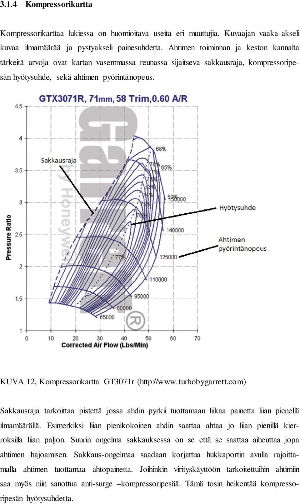 KUVA 12, Kompressorikartta GT3071r (http://www.turbobygarrett.com) Sakkausraja tarkoittaa pistettä jossa ahdin pyrkii tuottamaan liikaa painetta liian pienellä ilmamäärällä.