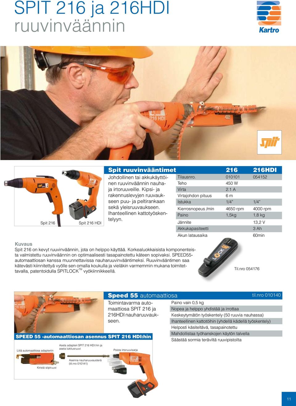 1 A 6 m Istukka 1/4 1/4 Kierrosnopeus /min 4650 rpm 4000 rpm Paino 1,5kg 1,8 kg Jännite Akkukapasiteetti Akun latausaika Spit 216 on kevyt ruuvinväännin, jota on helppo käyttää.