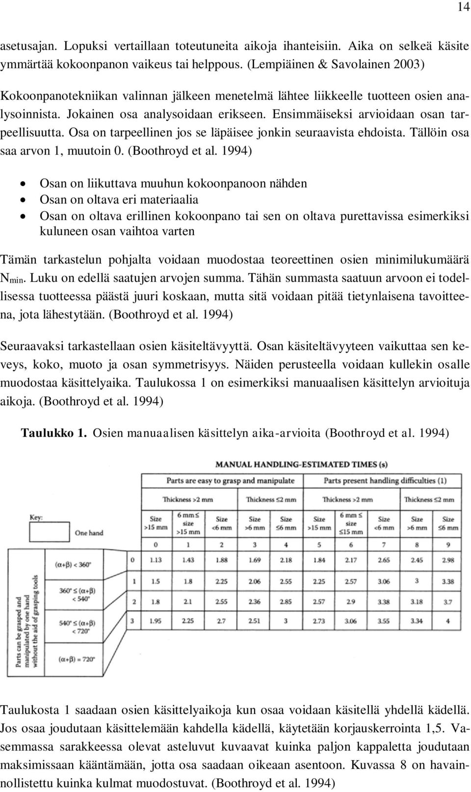 Ensimmäiseksi arvioidaan osan tarpeellisuutta. Osa on tarpeellinen jos se läpäisee jonkin seuraavista ehdoista. Tällöin osa saa arvon 1, muutoin 0. (Boothroyd et al.