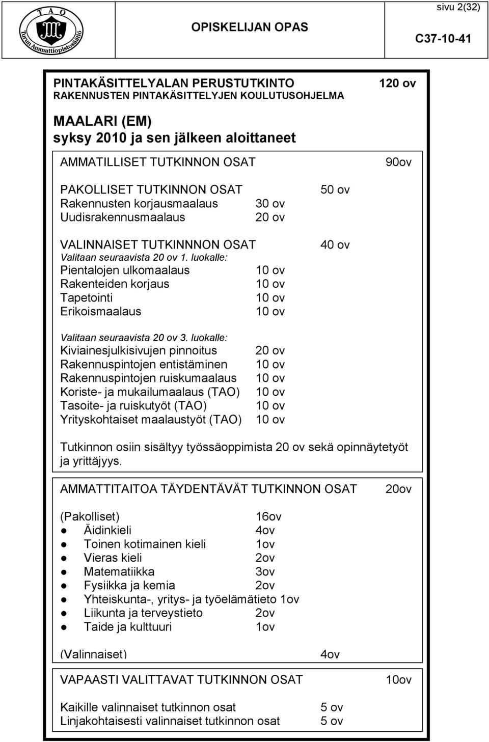 luokalle: Pientalojen ulkomaalaus Rakenteiden korjaus Tapetointi Erikoismaalaus 40 ov Valitaan seuraavista 20 ov 3.