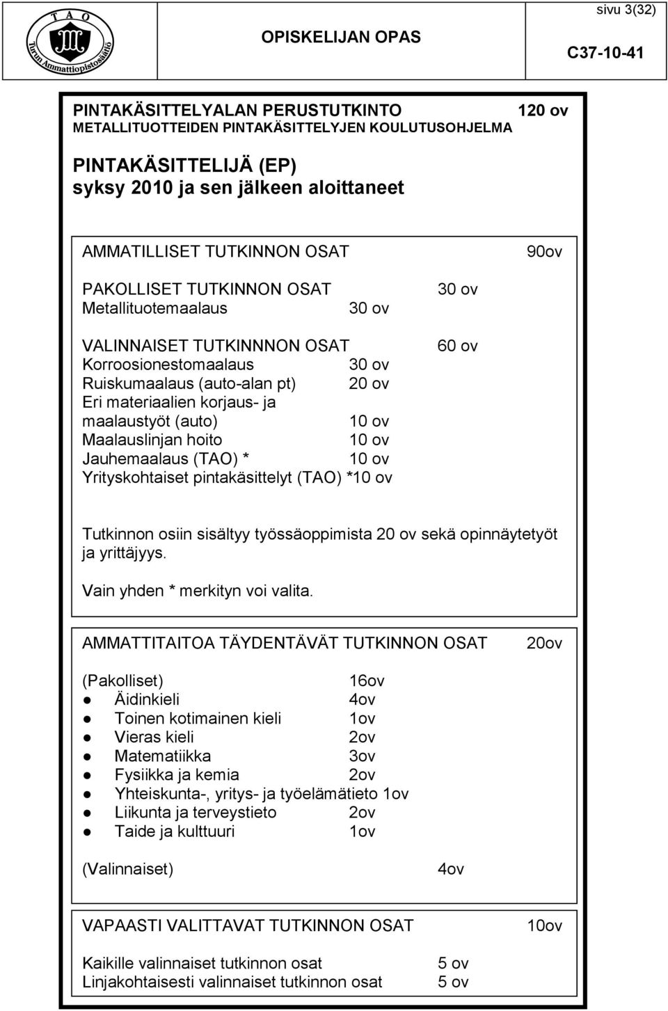 Maalauslinjan hoito Jauhemaalaus (TAO) * Yrityskohtaiset pintakäsittelyt (TAO) * 60 ov Tutkinnon osiin sisältyy työssäoppimista 20 ov sekä opinnäytetyöt ja yrittäjyys.