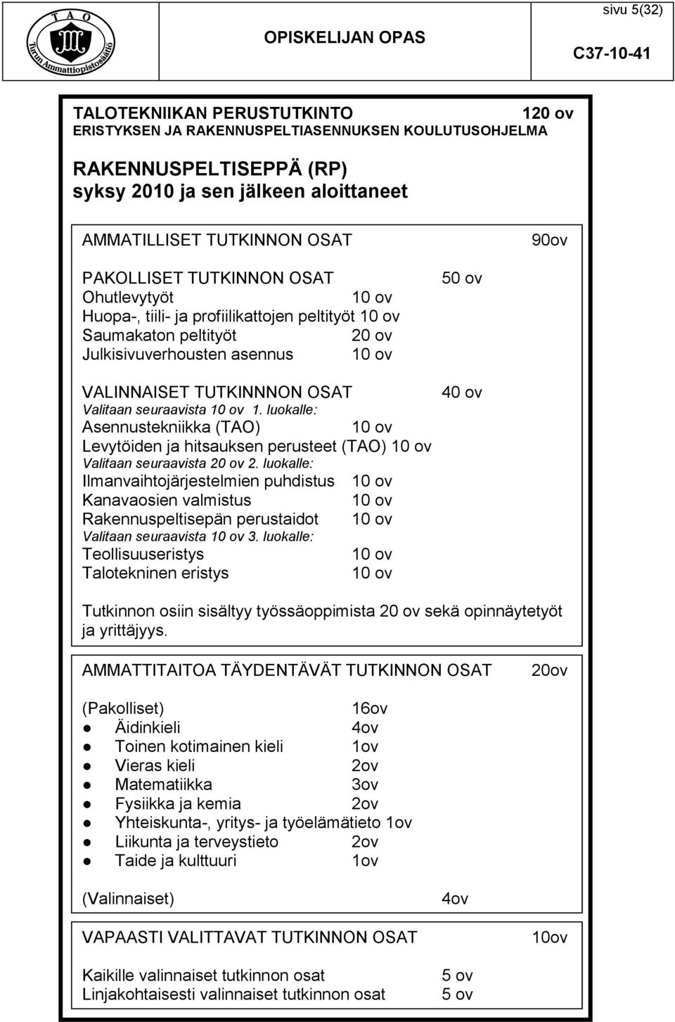 luokalle: Asennustekniikka (TAO) Levytöiden ja hitsauksen perusteet (TAO) Valitaan seuraavista 20 ov 2.