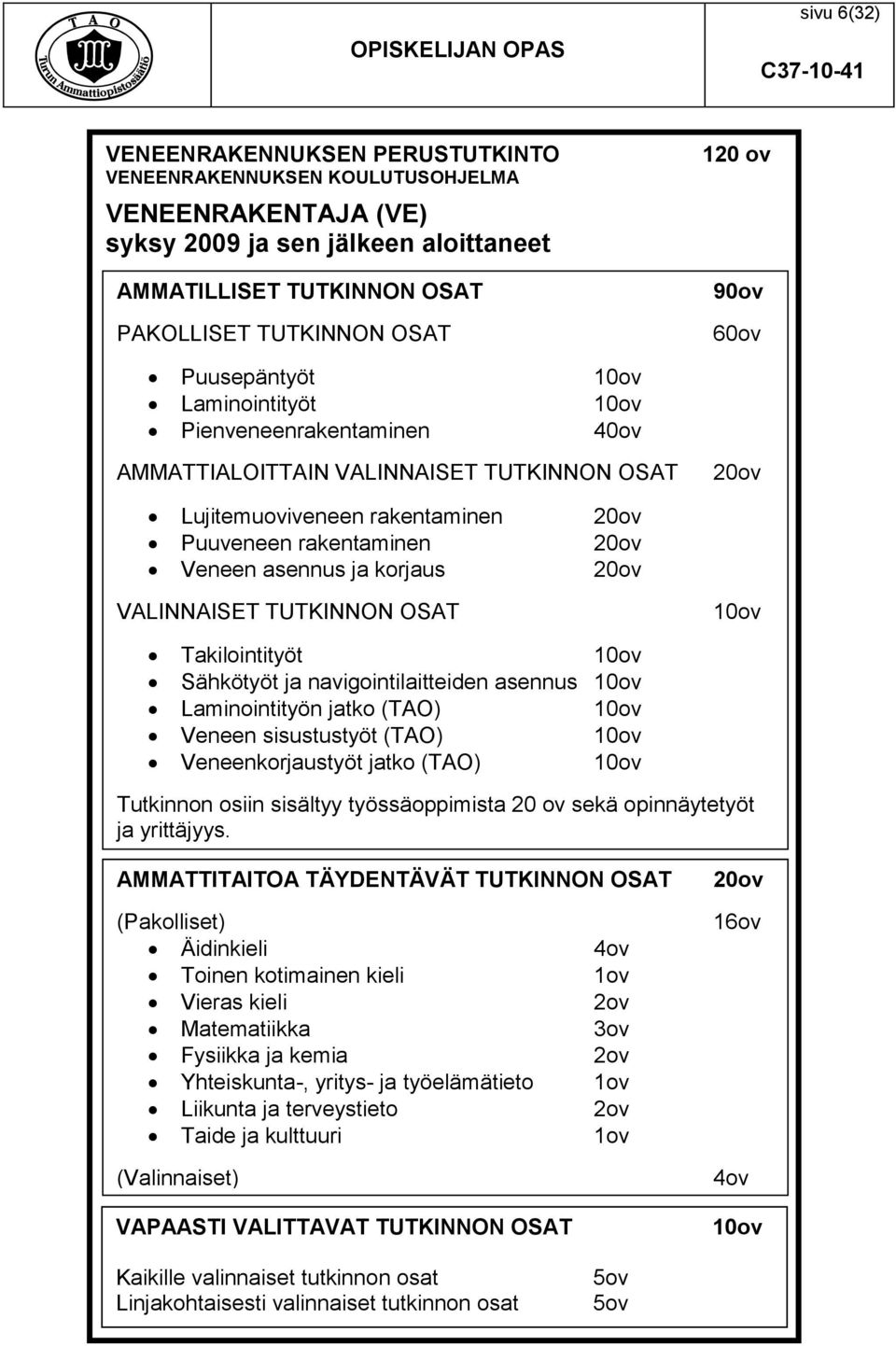 asennus ja korjaus 20ov VALINNAISET TUTKINNON OSAT 10ov Takilointityöt 10ov Sähkötyöt ja navigointilaitteiden asennus 10ov Laminointityön jatko (TAO) 10ov Veneen sisustustyöt (TAO) 10ov