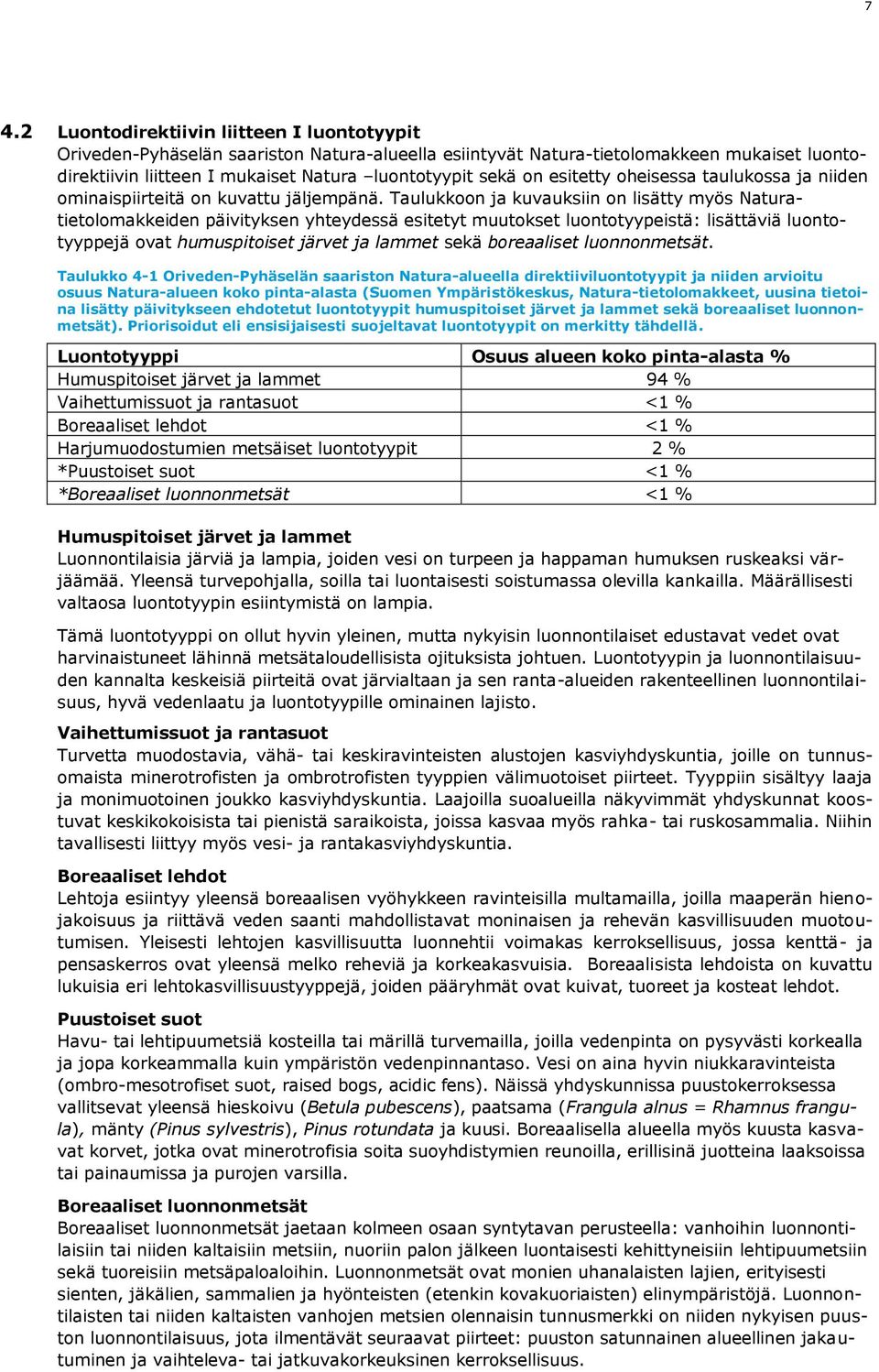 Taulukkoon ja kuvauksiin on lisätty myös Naturatietolomakkeiden päivityksen yhteydessä esitetyt muutokset luontotyypeistä: lisättäviä luontotyyppejä ovat humuspitoiset järvet ja lammet sekä