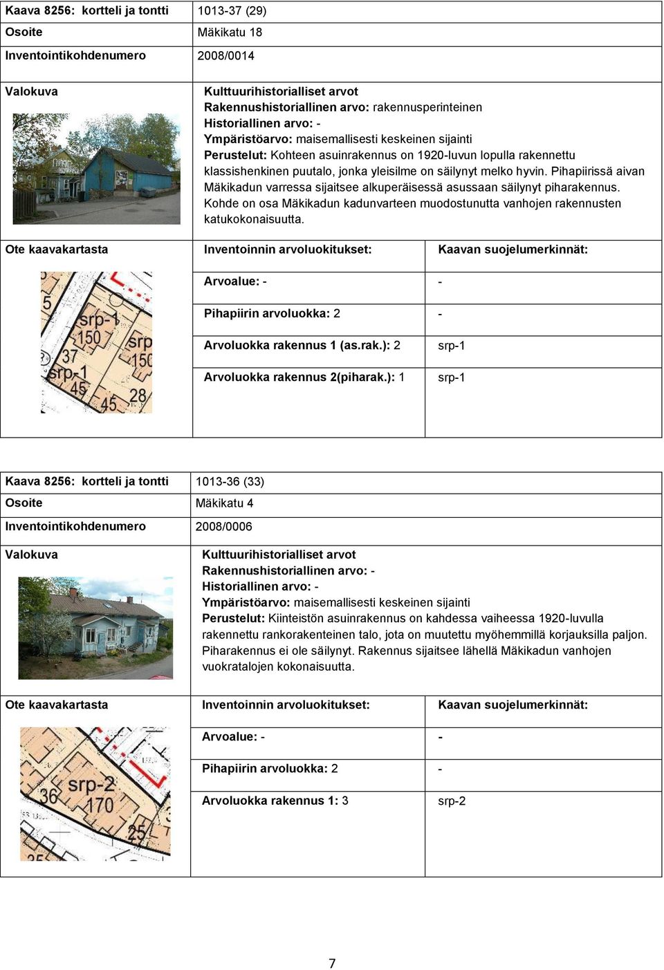 Kohde on osa Mäkikadun kadunvarteen muodostunutta vanhojen rakennusten katukokonaisuutta. Arvoalue: - - Arvoluokka rakennus 1 (as.rak.): 2 Arvoluokka rakennus 2(piharak.