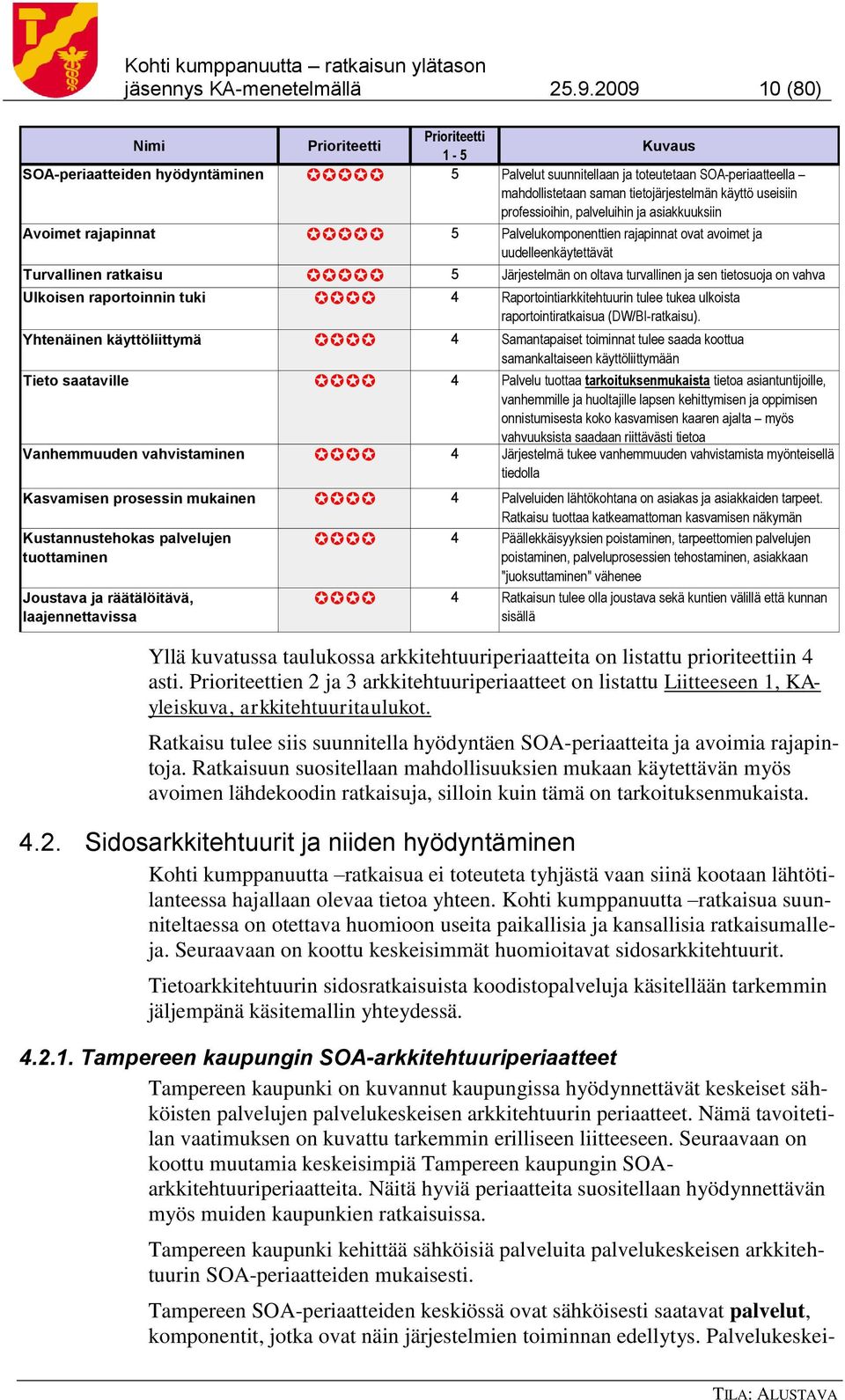 useisiin professioihin, palveluihin ja asiakkuuksiin Avoimet rajapinnat 5 Palvelukomponenttien rajapinnat ovat avoimet ja uudelleenkäytettävät Turvallinen ratkaisu 5 Järjestelmän on oltava