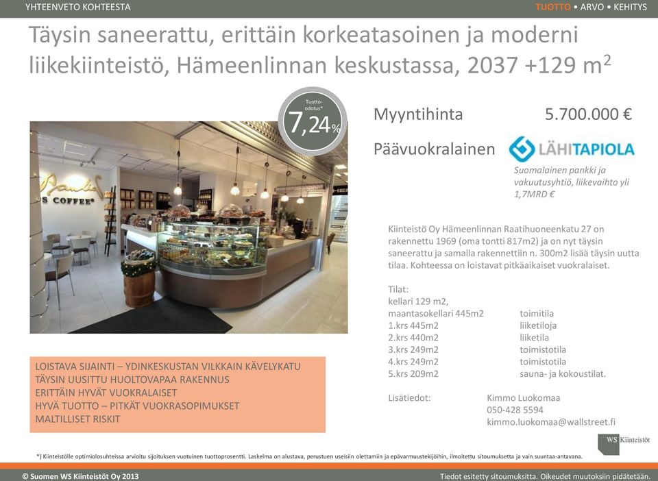 000 Suomalainen pankki ja vakuutusyhtiö, liikevaihto yli 1,7MRD Kiinteistö Oy Hämeenlinnan Raatihuoneenkatu 27 on rakennettu 1969 (oma tontti 817m2) ja on nyt täysin saneerattu ja samalla