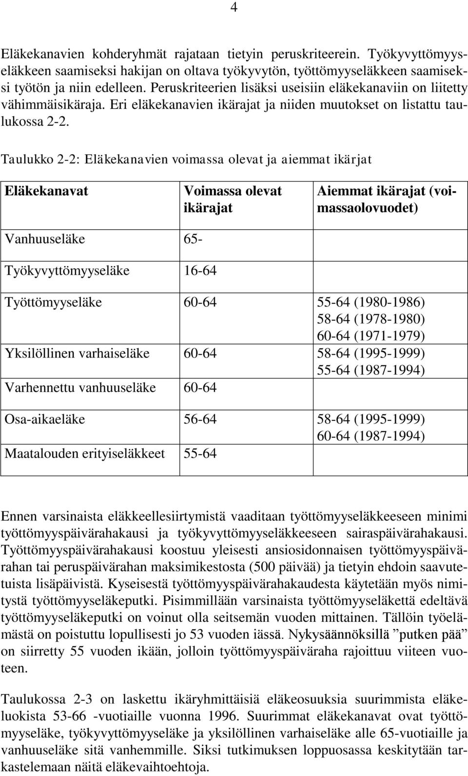 Taulukko 2-2: Eläkekanavien voimassa olevat ja aiemmat ikärjat Eläkekanavat Voimassa olevat ikärajat Aiemmat ikärajat (voimassaolovuodet) Vanhuuseläke 65- Työkyvyttömyyseläke 16-64 Työttömyyseläke