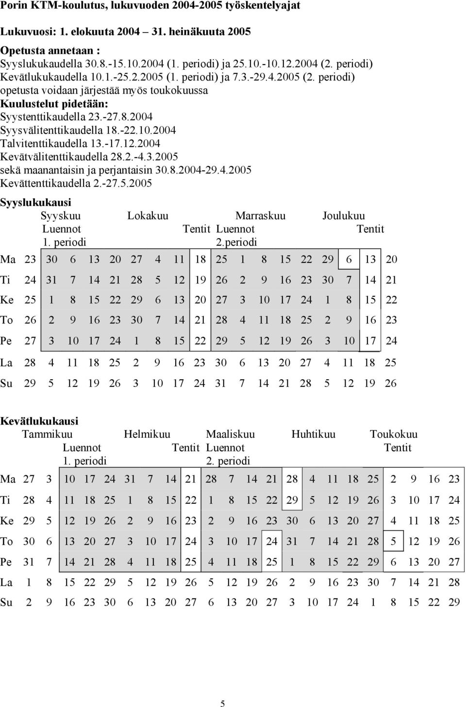 2004 Syysvälitenttikaudella 18.-22.10.2004 Talvitenttikaudella 13.-17.12.2004 Kevätvälitenttikaudella 28.2.-4.3.2005 