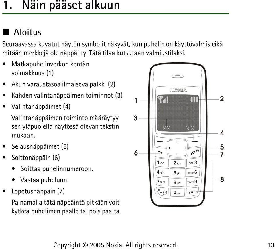 Matkapuhelinverkon kentän voimakkuus (1) Akun varaustasoa ilmaiseva palkki (2) Kahden valintanäppäimen toiminnot (3) Valintanäppäimet (4)