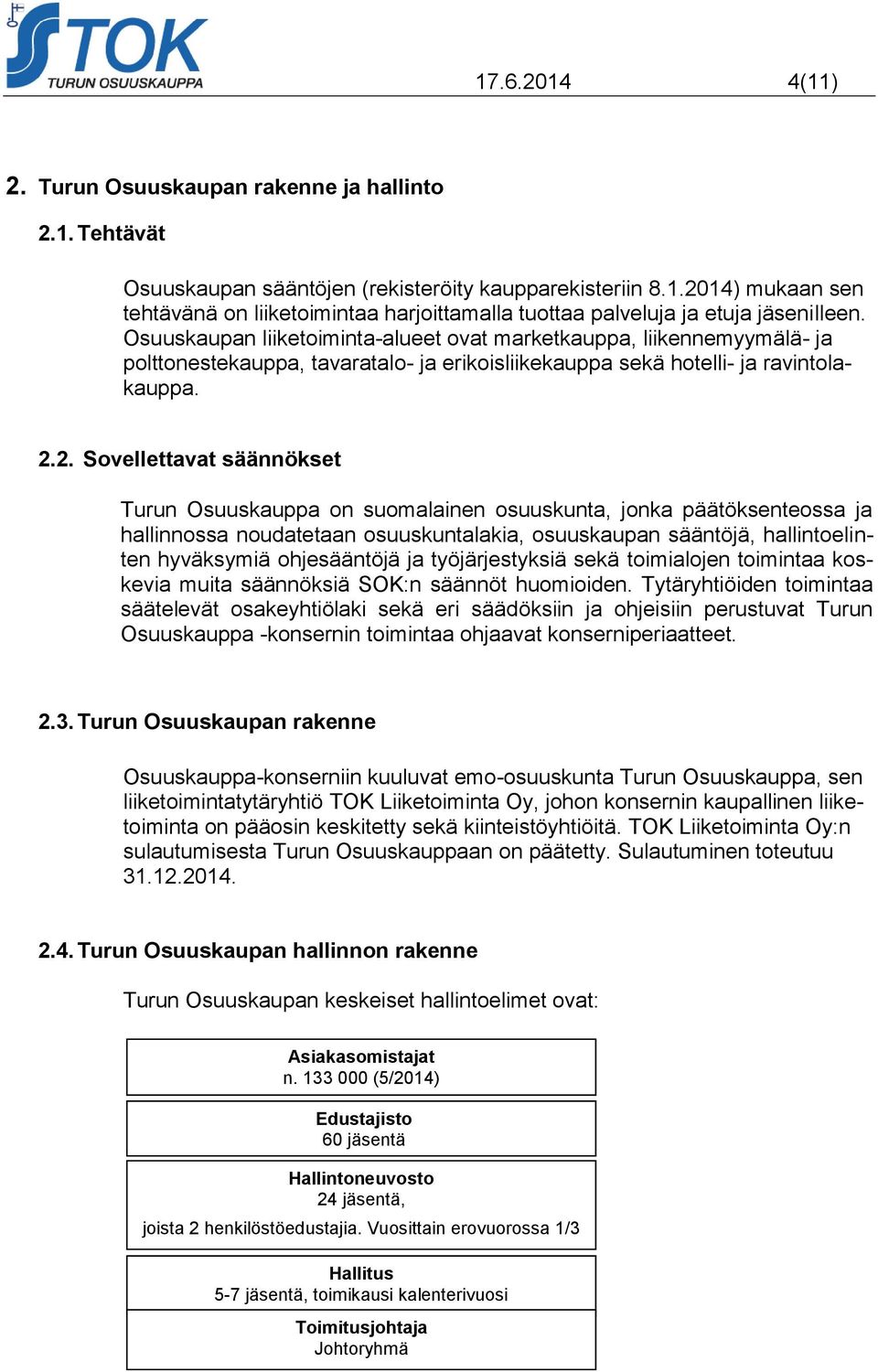 2. Sovellettavat säännökset Turun Osuuskauppa on suomalainen osuuskunta, jonka päätöksenteossa ja hallinnossa noudatetaan osuuskuntalakia, osuuskaupan sääntöjä, hallintoelinten hyväksymiä