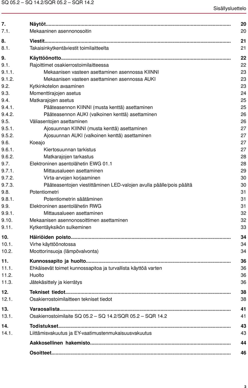 4.2. Pääteasennon AUKI (valkoinen kenttä) asettaminen 9.5. Väliasentojen asettaminen 9.5.1. Ajosuunnan KIINNI (musta kenttä) asettaminen 9.5.2. Ajosuunnan AUKI (valkoinen kenttä) asettaminen 9.6.