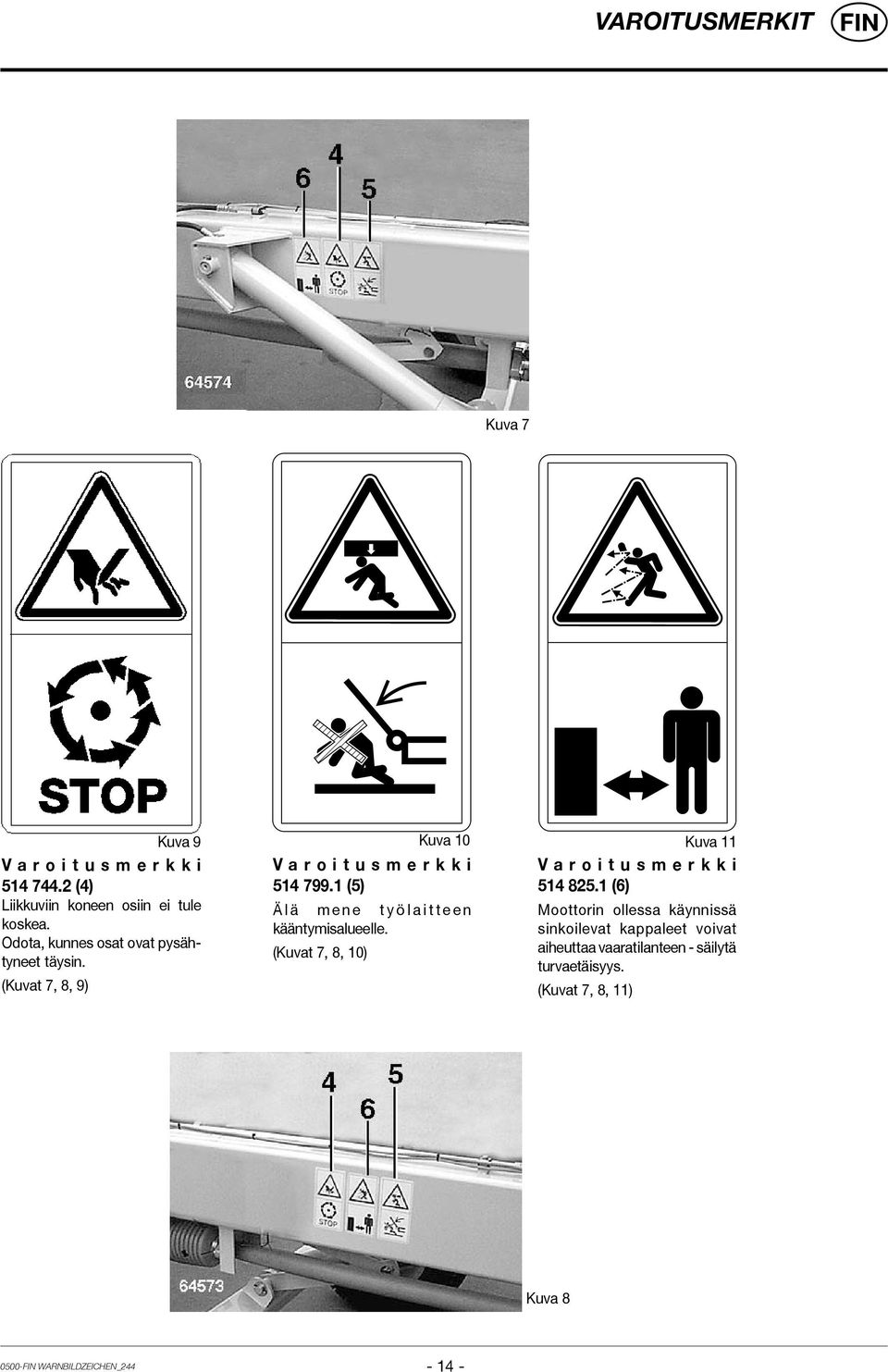 1 (5) Ä l ä m e n e t y ö l a i t t e e n kääntymisalueelle. (Kuvat 7, 8, 10) Kuva 11 V a r o i t u s m e r k k i 514 825.