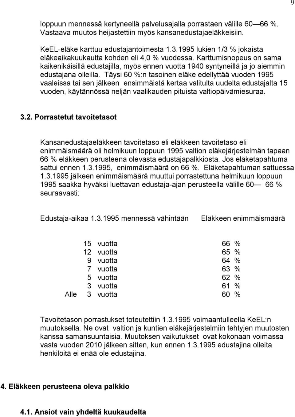 Täysi 60 %:n tasoinen eläke edellyttää vuoden 1995 vaaleissa tai sen jälkeen ensimmäistä kertaa valitulta uudelta edustajalta 15 vuoden, käytännössä neljän vaalikauden pituista valtiopäivämiesuraa. 3.