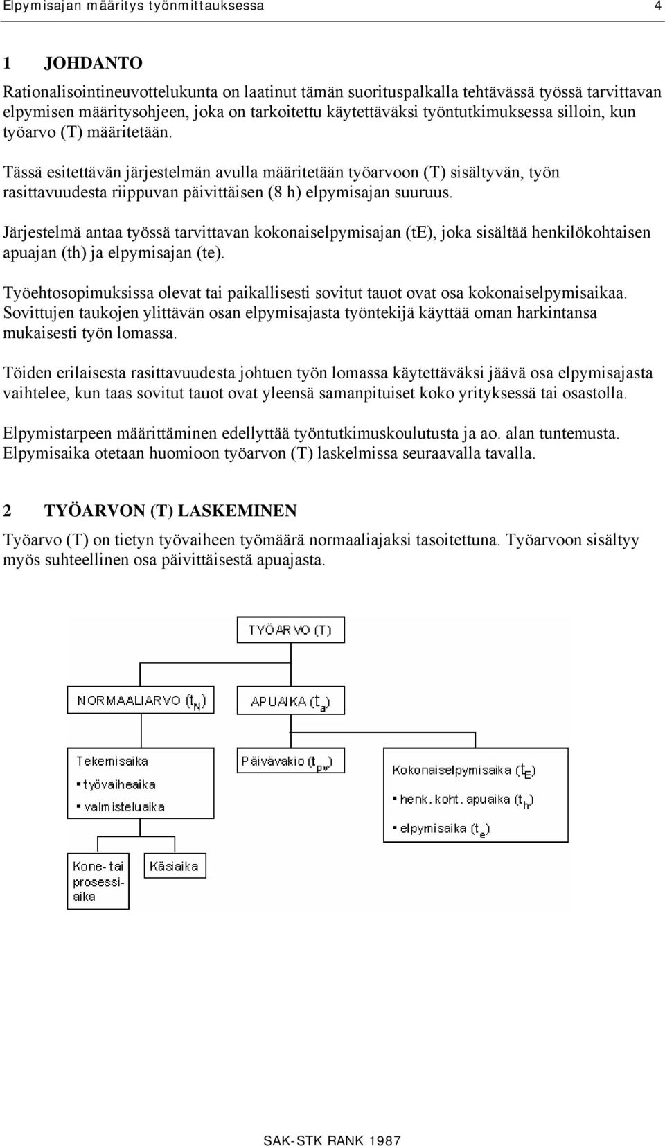 Tässä esitettävän järjestelmän avulla määritetään työarvoon (T) sisältyvän, työn rasittavuudesta riippuvan päivittäisen (8 h) elpymisajan suuruus.