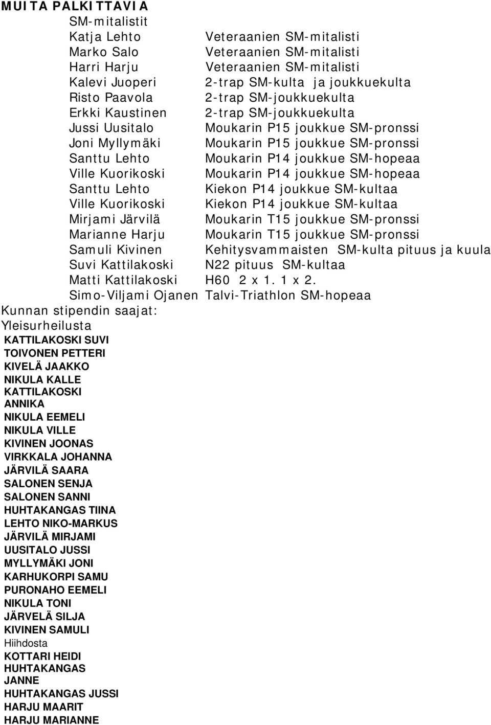 SM-joukkuekulta Moukarin P15 joukkue SM-pronssi Moukarin P15 joukkue SM-pronssi Moukarin P14 joukkue SM-hopeaa Moukarin P14 joukkue SM-hopeaa Kiekon P14 joukkue SM-kultaa Kiekon P14 joukkue SM-kultaa