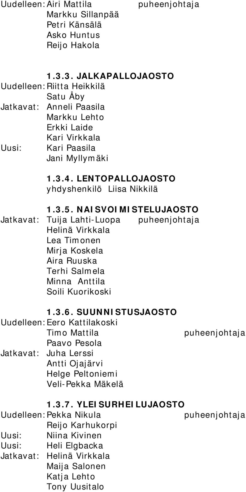 LENTOPALLOJAOSTO yhdyshenkilö Liisa Nikkilä 1.3.5.