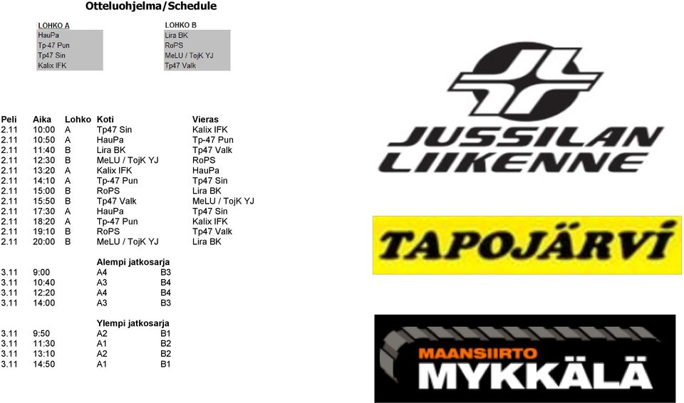 11 15:50 B Tp47 Valk MeLU / TojK YJ 2.11 17:30 A HauPa Tp47 Sin 2.11 18:20 A Tp-47 Pun Kalix IFK 2.11 19:10 B RoPS Tp47 Valk 2.