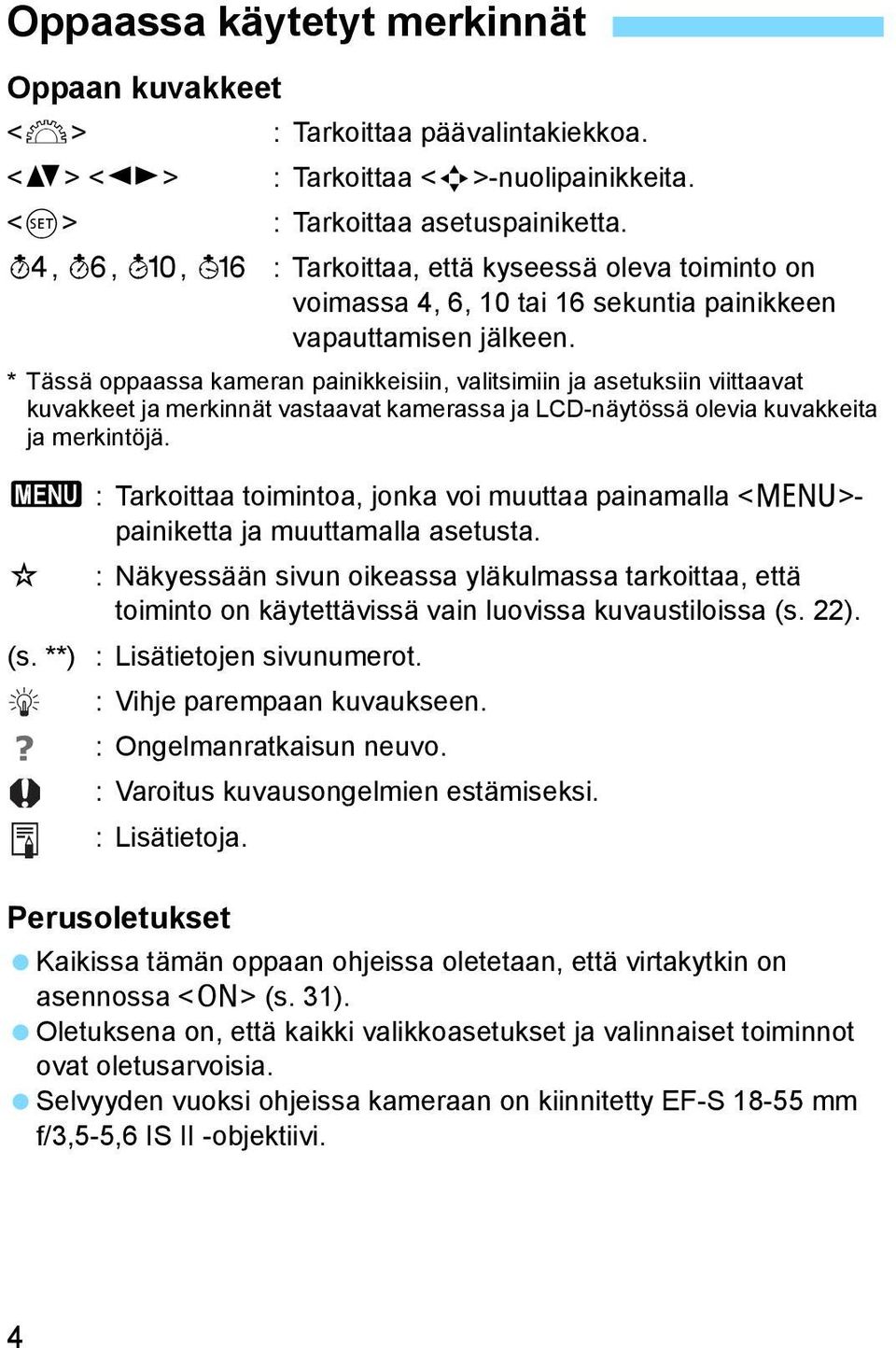 * Tässä oppaassa ameran painieisiin, valitsimiin ja asetusiin viittaavat uvaeet ja merinnät vastaavat amerassa ja LCD-näytössä olevia uvaeita ja merintöjä.