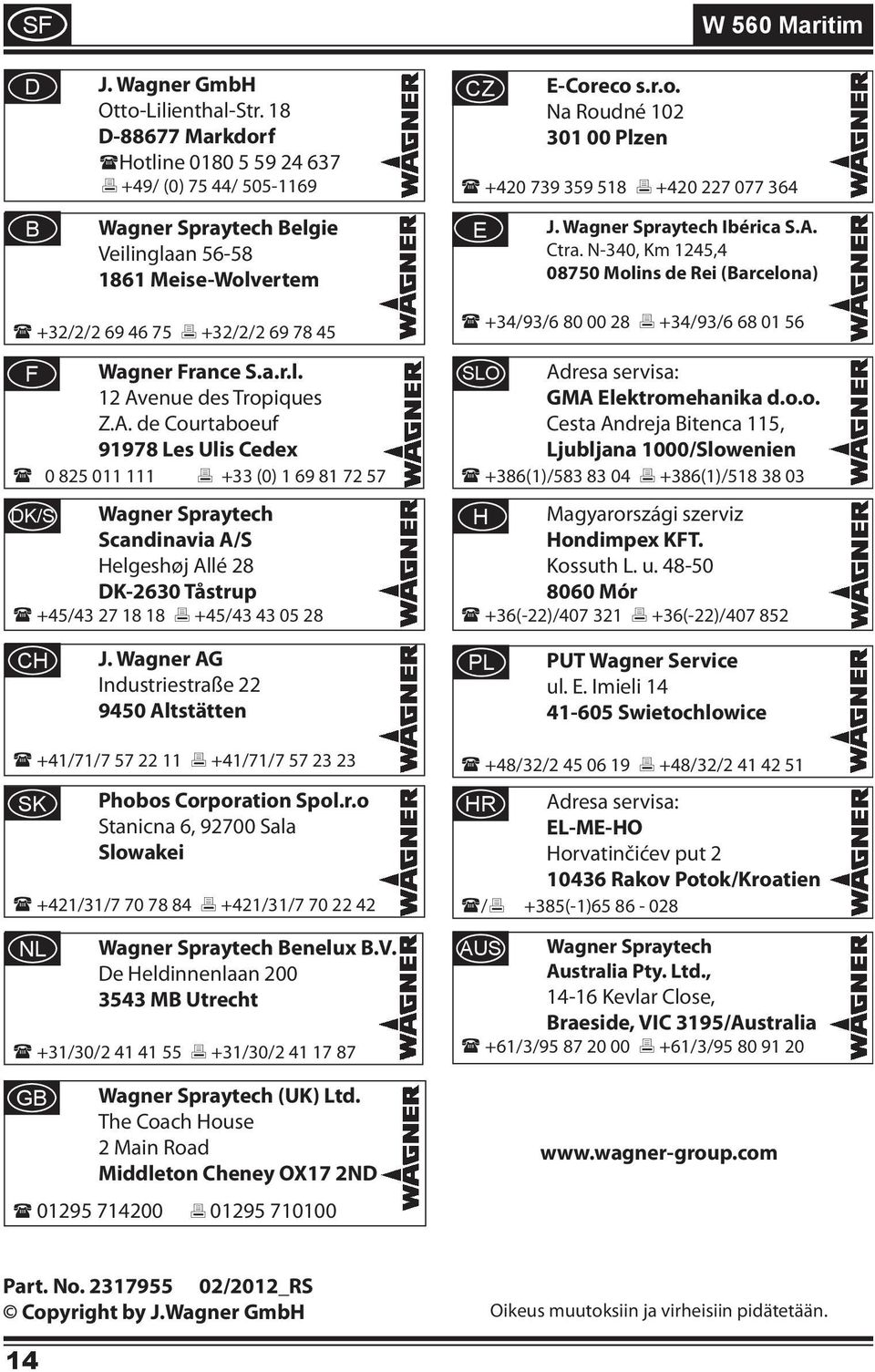 A. de Courtaboeuf 91978 Les Ulis Cedex 0 825 011 111 +33 (0) 1 69 81 72 57 DK/S Wagner Spraytech Scandinavia A/S Helgeshøj Allé 28 DK-2630 Tåstrup +45/43 27 18 18 +45/43 43 05 28 CZ E-Coreco s.r.o. Na Roudné 102 301 00 Plzen W 560 Maritim +420 739 359 518 +420 227 077 364 E J.