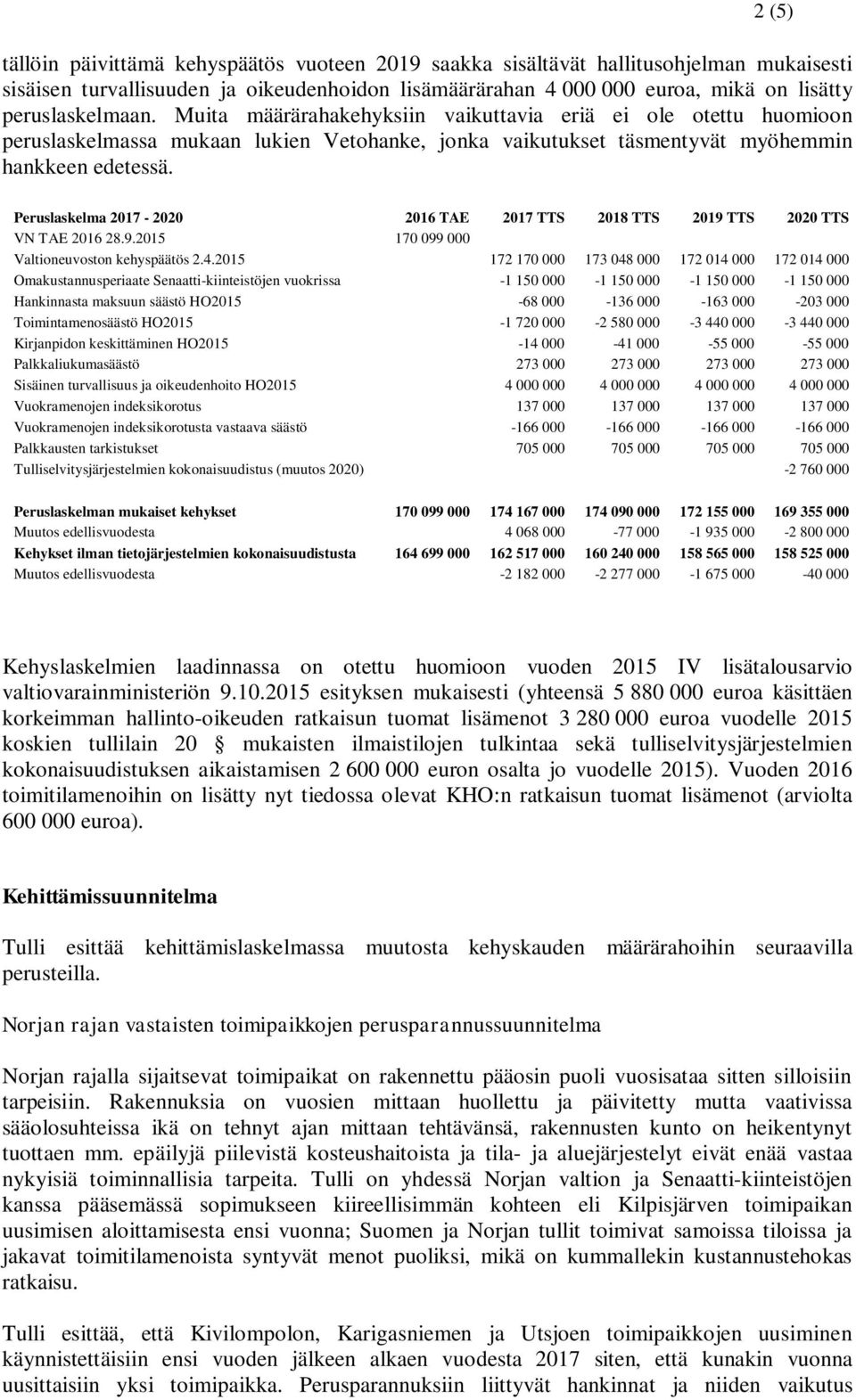 Peruslaskelma 2017-2020 2016 TAE 2017 TTS 2018 TTS 2019 TTS 2020 TTS VN TAE 2016 28.9.2015 170 099 000 Valtioneuvoston kehyspäätös 2.4.