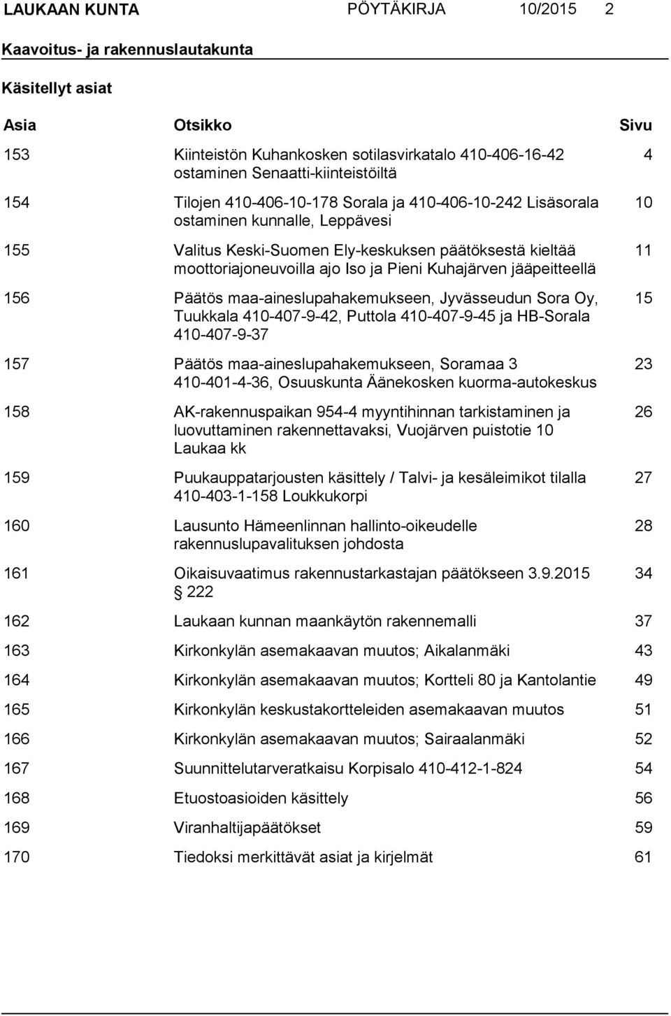 jääpeitteellä 156 Päätös maa-aineslupahakemukseen, Jyvässeudun Sora Oy, Tuukkala 410-407-9-42, Puttola 410-407-9-45 ja HB-Sorala 410-407-9-37 157 Päätös maa-aineslupahakemukseen, Soramaa 3