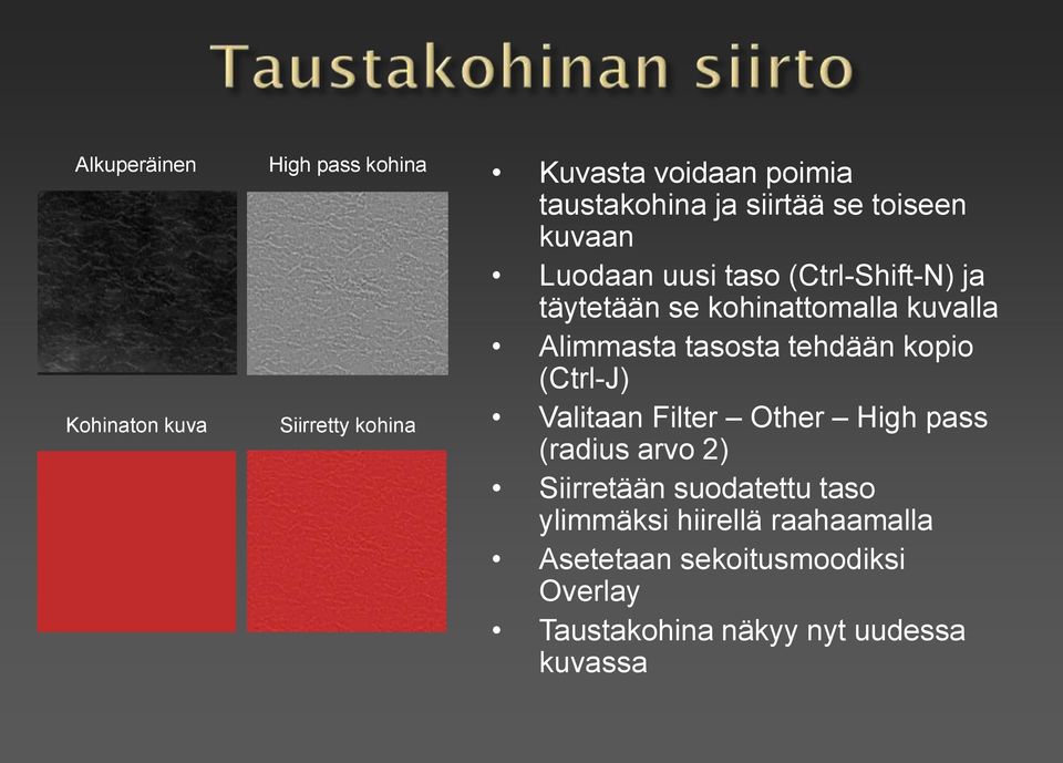 Alimmasta tasosta tehdään kopio (Ctrl-J) Valitaan Filter Other High pass (radius arvo 2) Siirretään