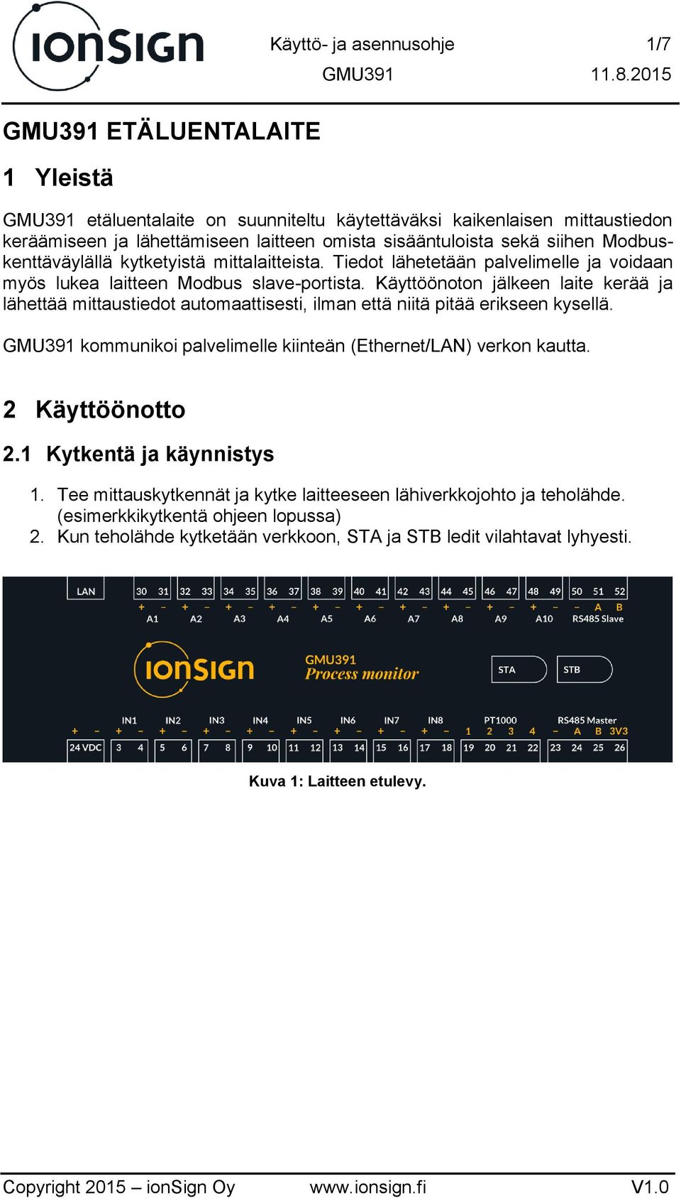 Käyttöönoton jälkeen laite kerää ja lähettää mittaustiedot automaattisesti, ilman että niitä pitää erikseen kysellä. GMU391 kommunikoi palvelimelle kiinteän (Ethernet/LAN) verkon kautta.