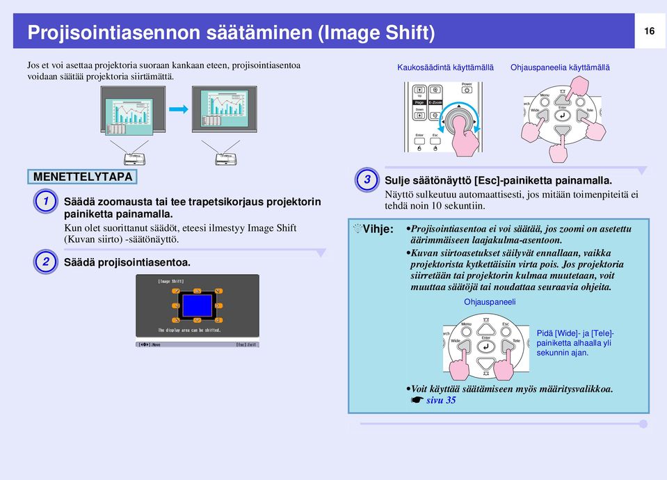 Kun olet suorittanut säädöt, eteesi ilmestyy Image Shift (Kuvan siirto) -säätönäyttö. A 2 Säädä projisointiasentoa. A 3 QVihje: Sulje säätönäyttö [Esc]-painiketta painamalla.