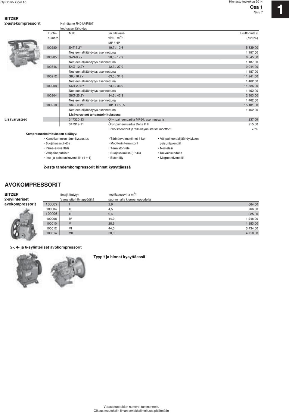 2Y 42,3 / 27,0 9 044,00 Nesteen alijäähdytys asennettuna 1 187,00 100212 S6J-16.2Y 63,5 / 31,8 11 241,00 Nesteen alijäähdytys asennettuna 1 462,00 100208 S6H-20.