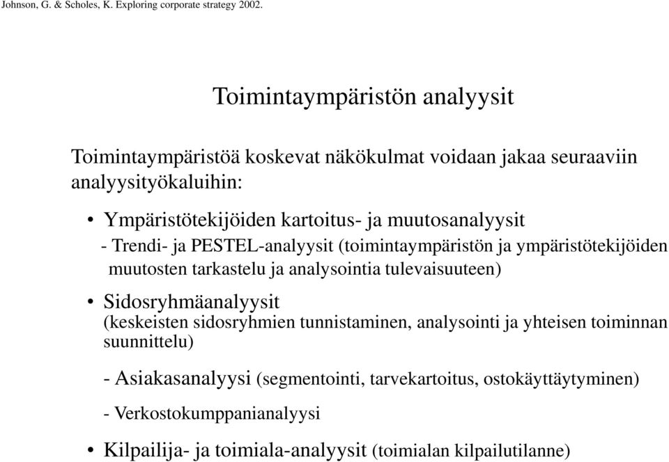 PESTEL-analyysit (toimintaympäristön ja ympäristötekijöiden muutosten tarkastelu ja analysointia tulevaisuuteen) Sidosryhmäanalyysit (keskeisten