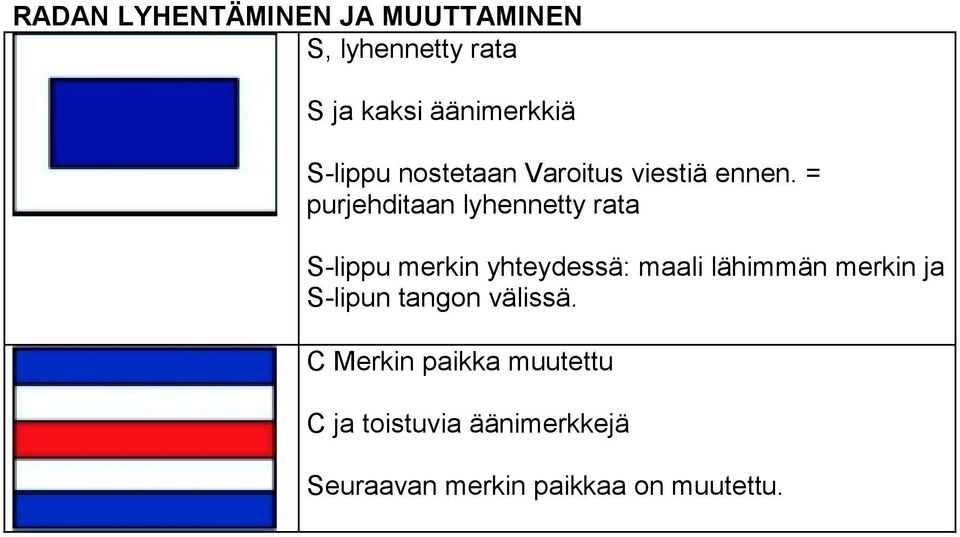 = purjehditaan lyhennetty rata S-lippu merkin yhteydessä: maali lähimmän