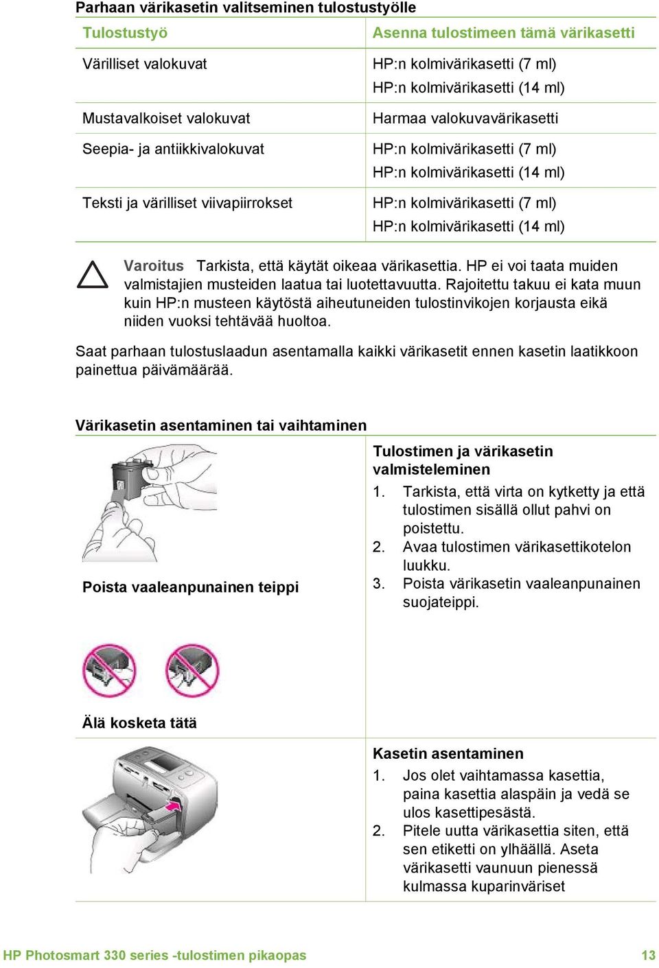 kolmivärikasetti (14 ml) Varoitus Tarkista, että käytät oikeaa värikasettia. HP ei voi taata muiden valmistajien musteiden laatua tai luotettavuutta.