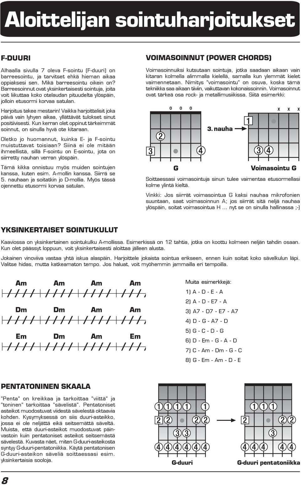 VOIMASOINNUT (POWER CHORDS) Voimasoinnuiksi kutsutaan sointuja, jotka saadaan aikaan vain kitaran kolmella alimmalla kielellä, samalla kun ylemmät kielet vaimennetaan.