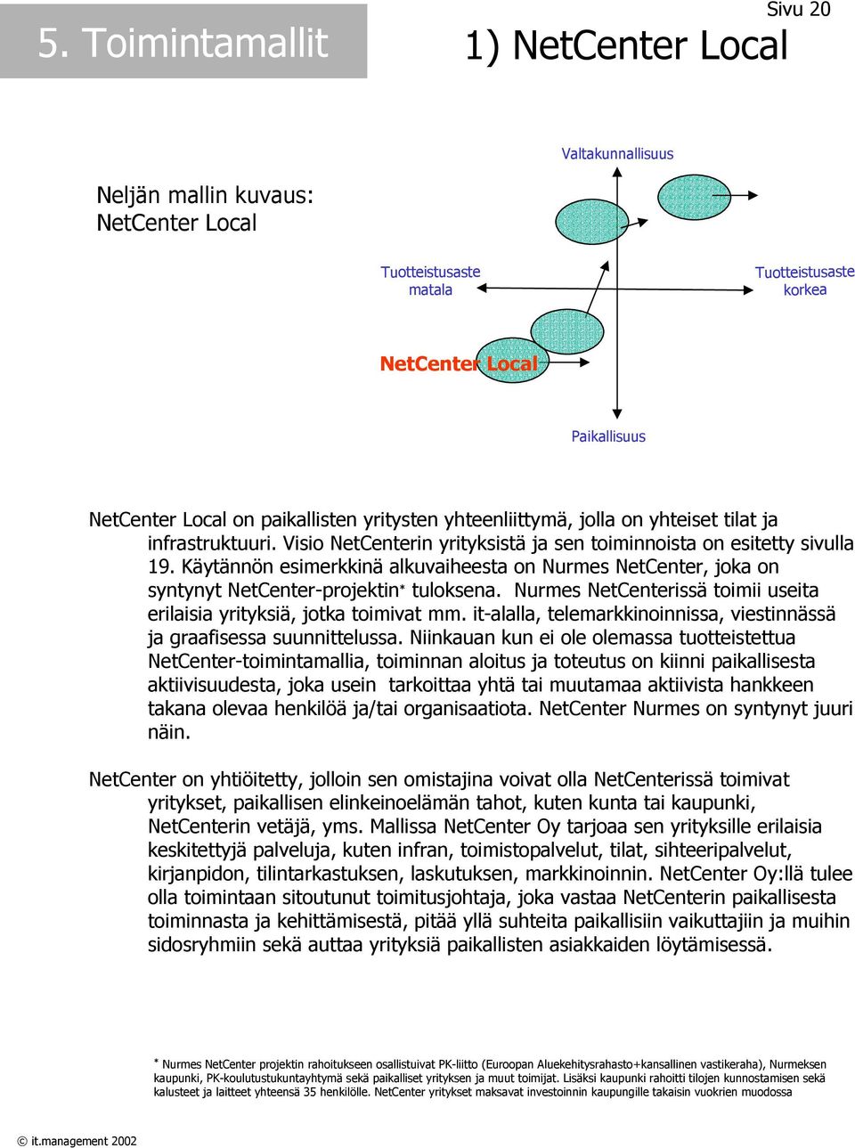 yhteiset tilat ja infrastruktuuri. Visio in yrityksistä ja sen toiminnoista on esitetty sivulla 19. Käytännön esimerkkinä alkuvaiheesta on Nurmes, joka on syntynyt -projektin * tuloksena.