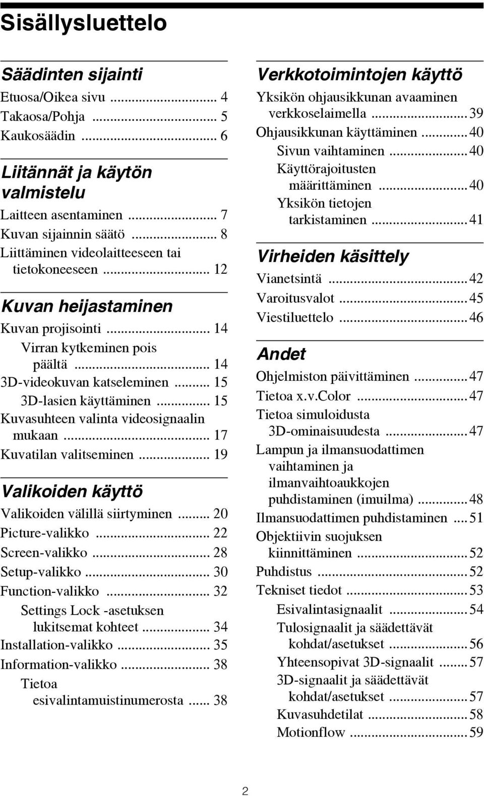 .. 15 Kuvasuhteen valinta videosignaalin mukaan... 17 Kuvatilan valitseminen... 19 Valikoiden käyttö Valikoiden välillä siirtyminen... 20 Picture-valikko... 22 Screen-valikko... 28 Setup-valikko.