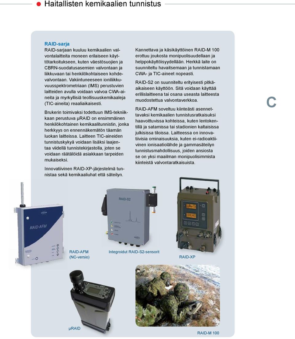 Vakiintuneeseen ioniliikkuvuusspektrometriaan (IMS) perustuvien laitteiden avulla voidaan valvoa CWA-aineita ja myrkyllisiä teollisuuskemikaaleja (TIC-aineita) reaaliaikaisesti.