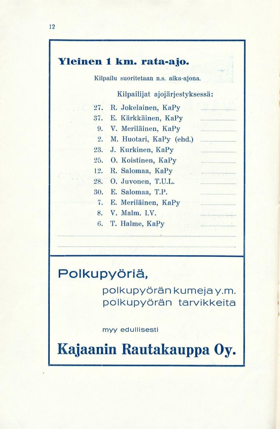 0. Koistinen, KaPy 12. R. Salomaa, KaPy 28. 0. Juvonen, T.U.L. 30. E. Salomaa, T.P. 7. E. Meriläinen, KaPy 8. V.