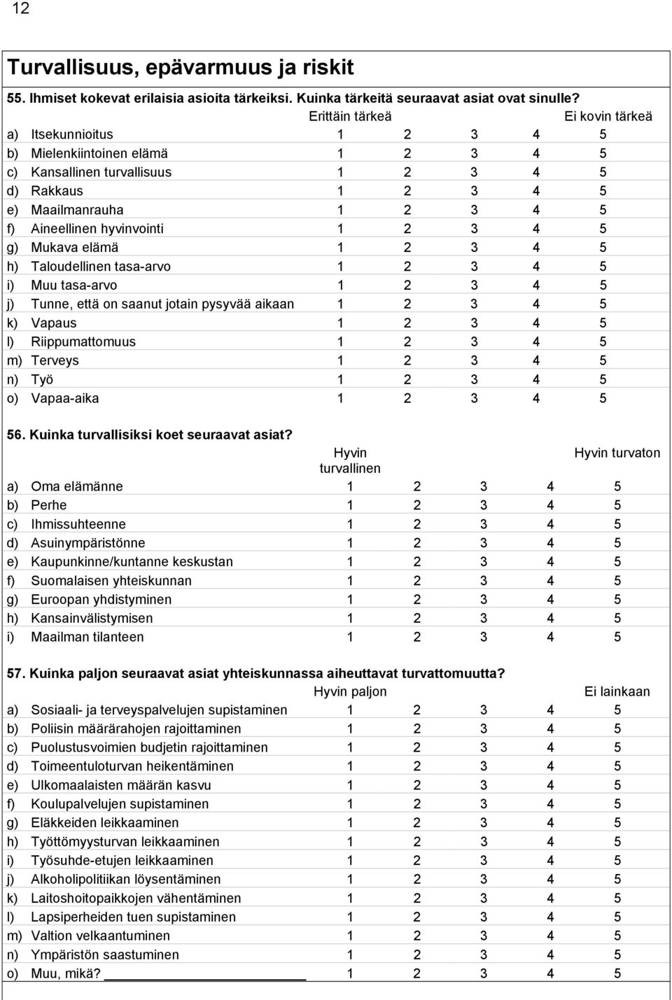 tasa-arvo i) Muu tasa-arvo j) Tunne, että on saanut jotain pysyvää aikaan k) Vapaus l) Riippumattomuus m) Terveys n) Työ o) Vapaa-aika 56. Kuinka turvallisiksi koet seuraavat asiat?