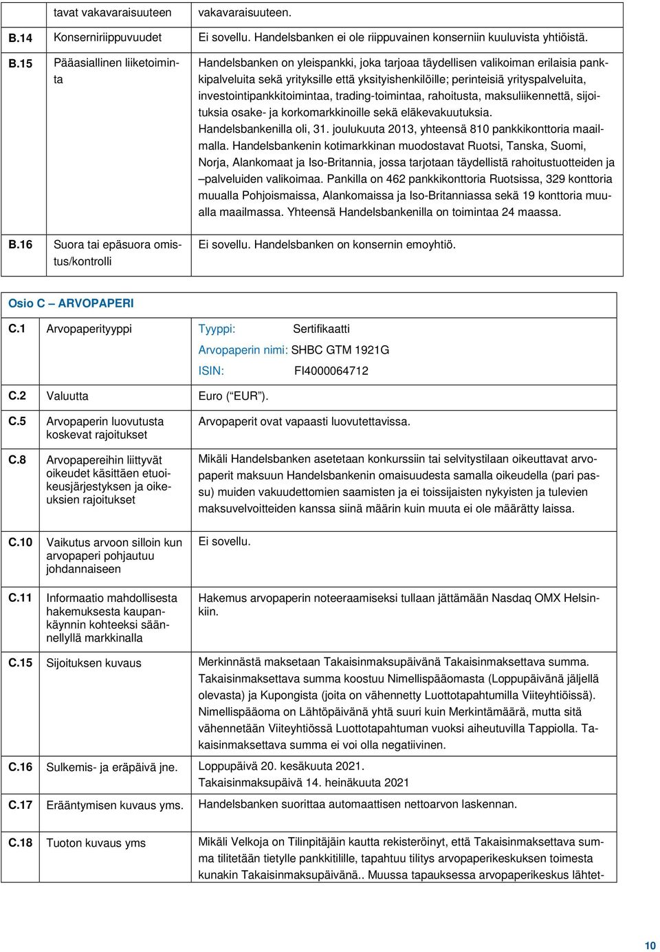 yrityspalveluita, investointipankkitoimintaa, trading-toimintaa, rahoitusta, maksuliikennettä, sijoituksia osake- ja korkomarkkinoille sekä eläkevakuutuksia. Handelsbankenilla oli, 31.