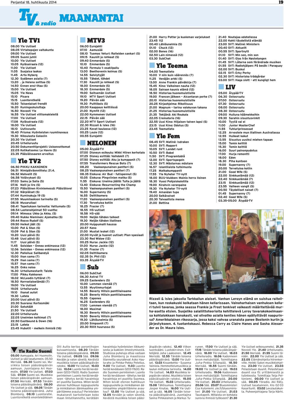 Yle Uutiset viittomakielellä.00 Yle Uutiset.08 Kyläsairaala () 8.00 Yle Uutiset 8.0 Uutisvuoto 8.40 Prisma: Hyönteisten ruumiinavaus.0 Niksulasta Galaxiin 0.0 Yle Uutiset 0.4 Urheiluruutu 0.
