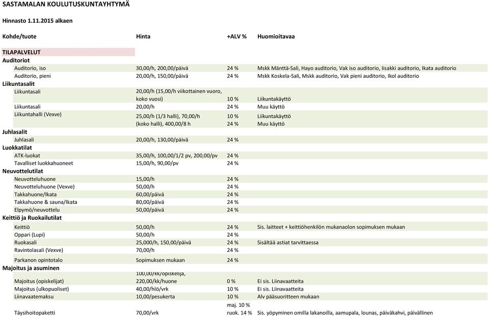 auditorio Auditorio, pieni 20,00/h, 150,00/päivä 24 % Mskk Koskela-Sali, Mskk auditorio, Vak pieni auditorio, Ikol auditorio Liikuntasalit Liikuntasali 20,00/h (15,00/h viikottainen vuoro, koko