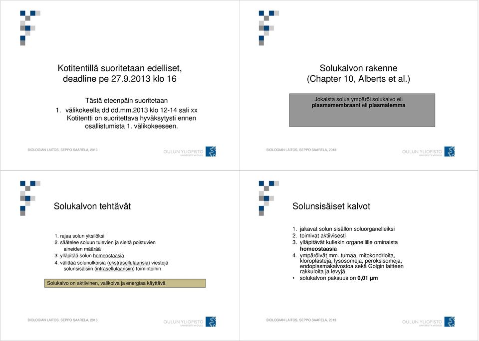 Jokaista solua ympäröi solukalvo eli plasmamembraani eli plasmalemma Solukalvon tehtävät Solunsisäiset kalvot 1. rajaa solun yksilöksi 2.